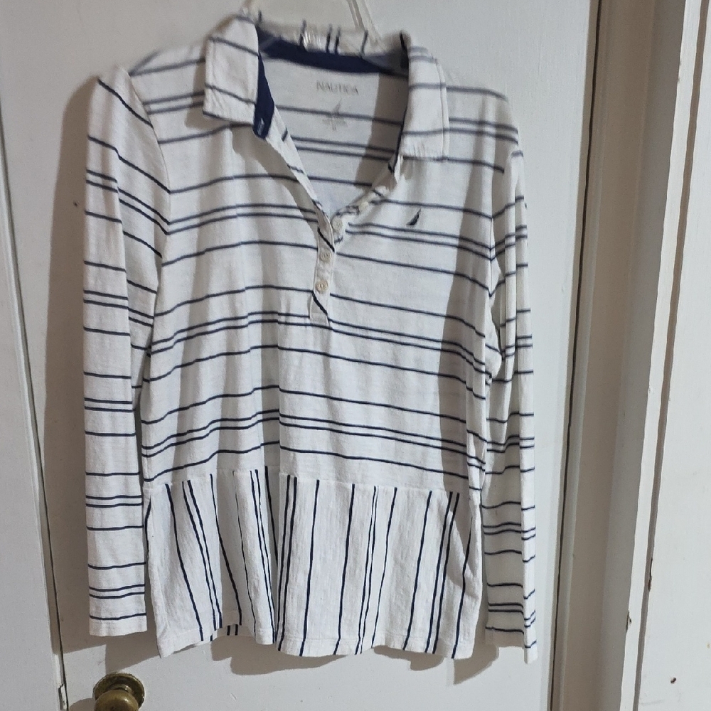 Nautica Navy and White Striped Polo Shirt